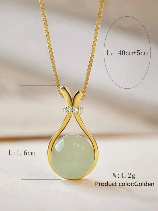 Gold Jade Pendant Necklace with Clear Crystal Accent - Green R 430 - Picture 3 of 5